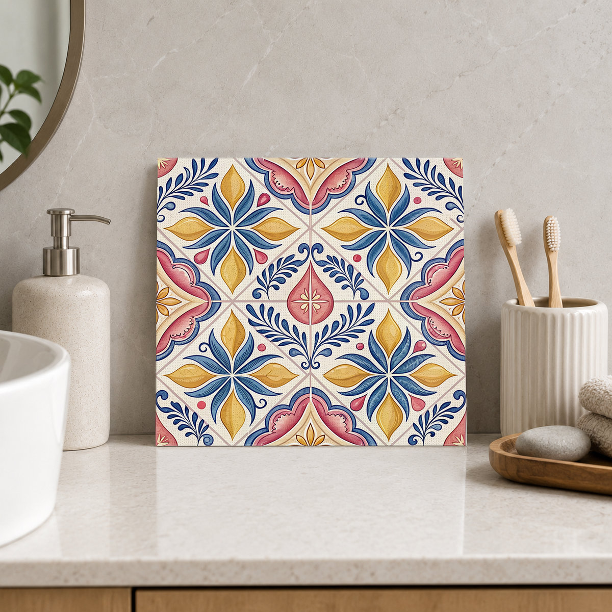 Blue and Yellow Petals with Pink Scrolls Tile displayed in the bathroom tile mock-up