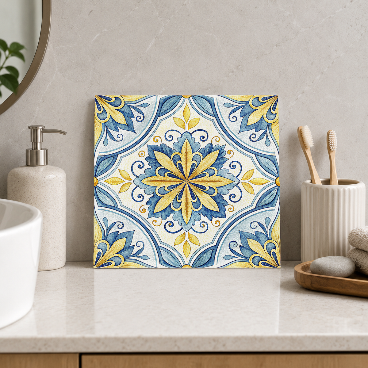 Blue and Yellow Scalloped Rosette Tile displayed in the bathroom tile mock-up
