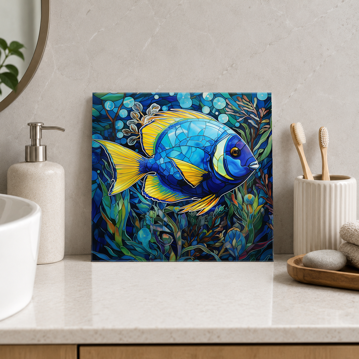 Blue and Yellow Tropical Fish Tile displayed in the bathroom tile mock-up