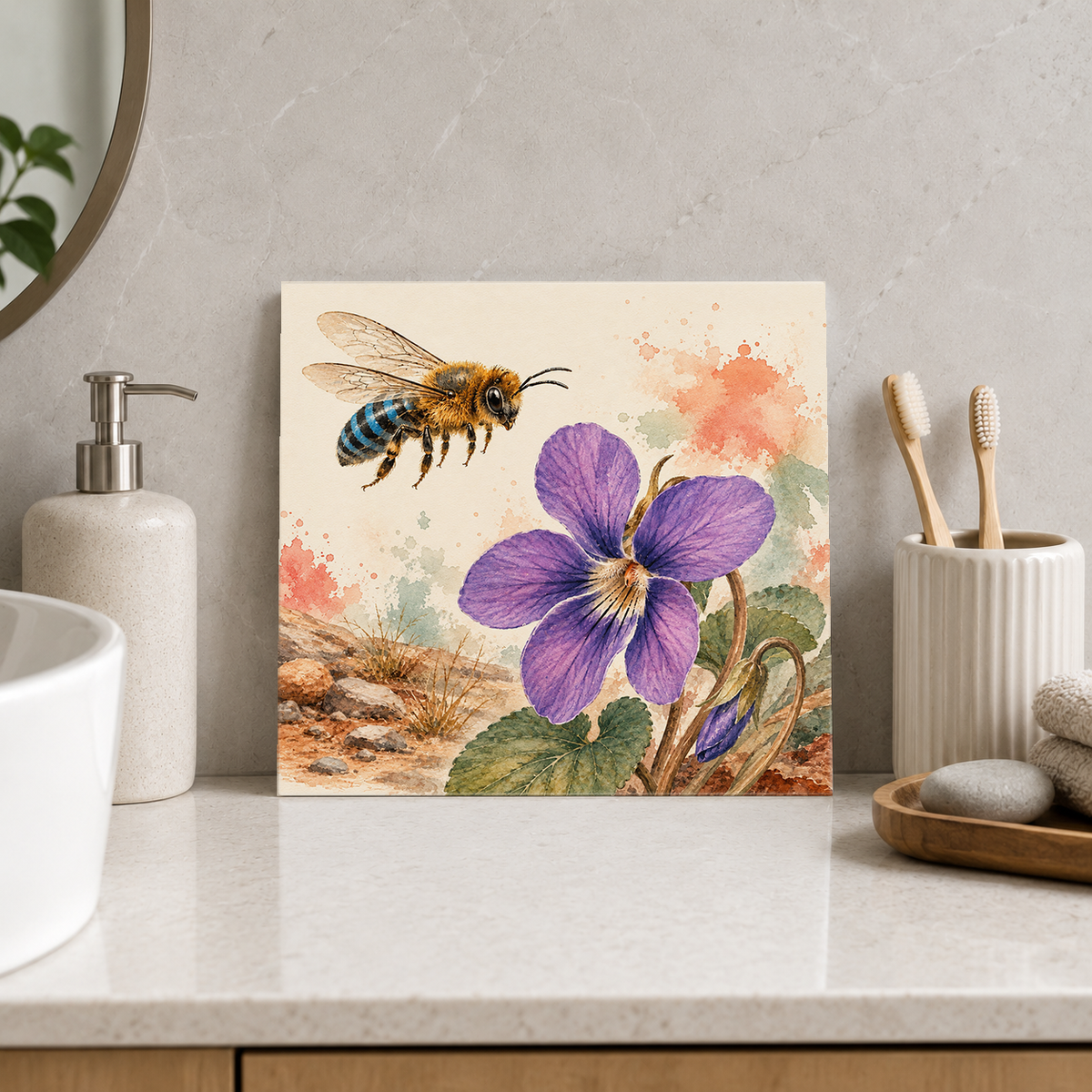 Blue-banded Bee ceramic decorative tile in Pop Color, shown in a room mockup
