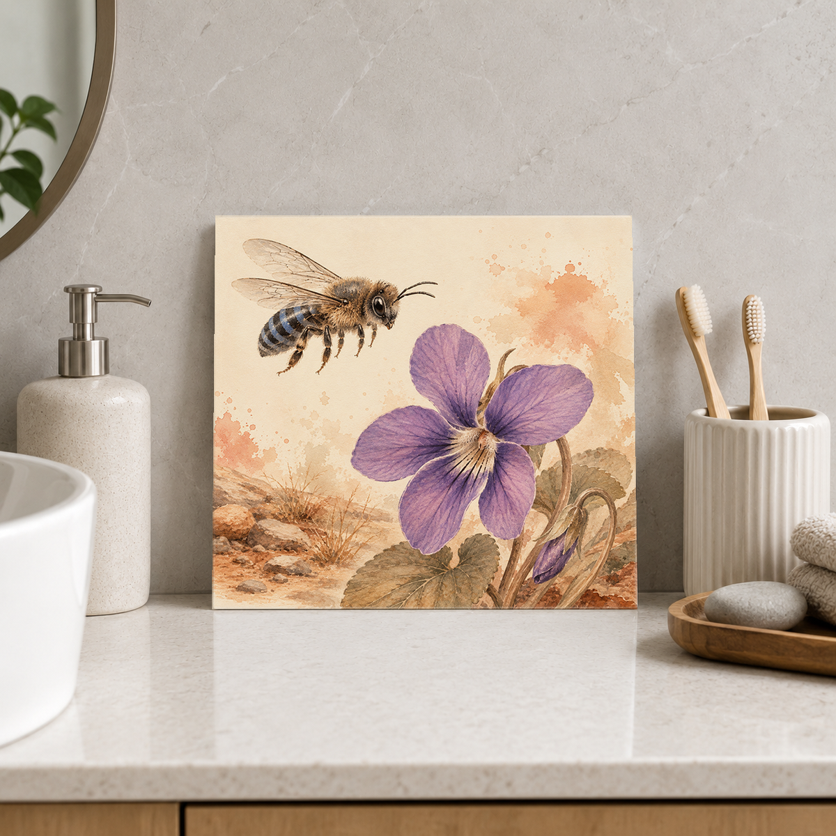Blue-banded Bee ceramic decorative tile in Warm Country, shown in a room mockup