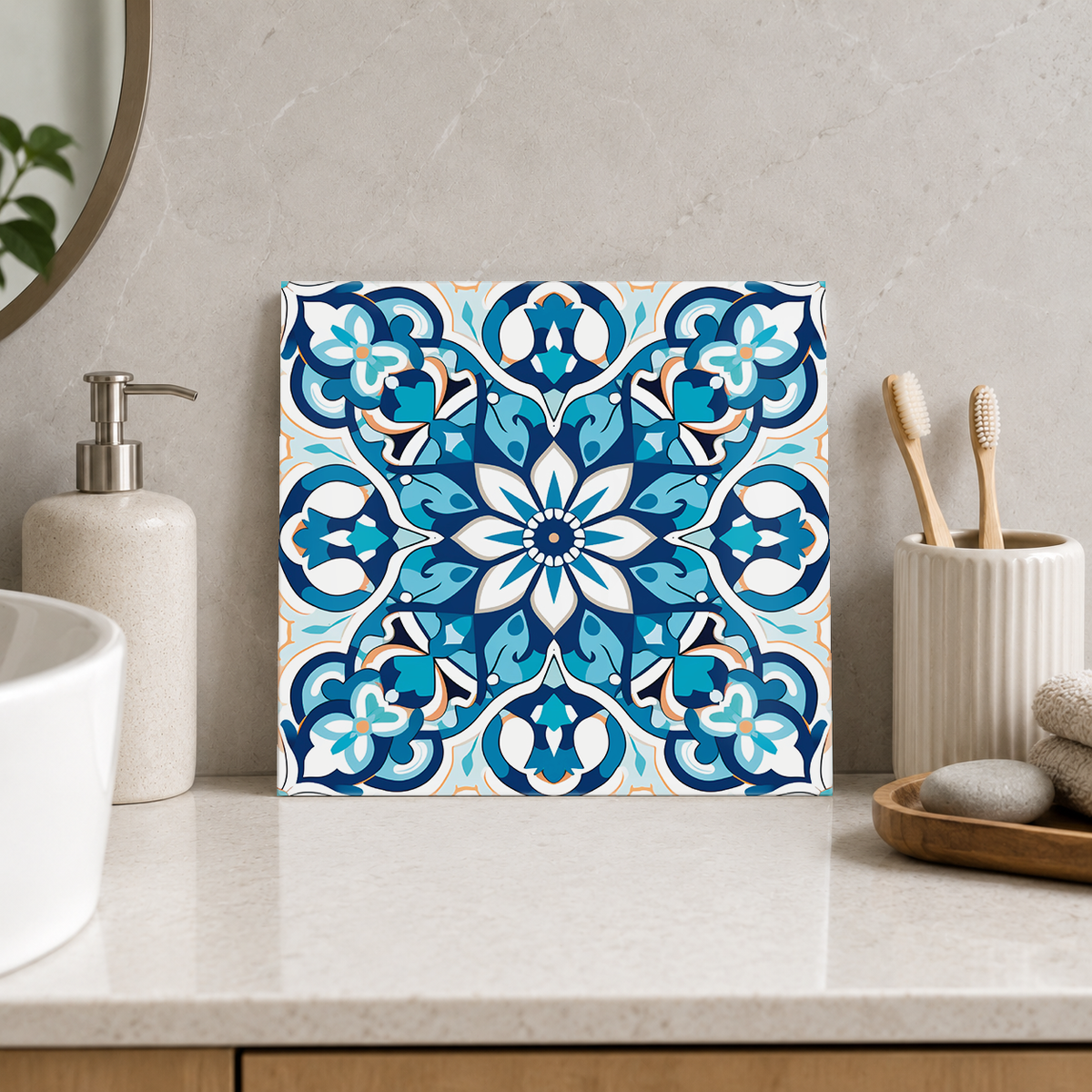 Blue Blossom Scrollwork Tile displayed in the bathroom tile mock-up