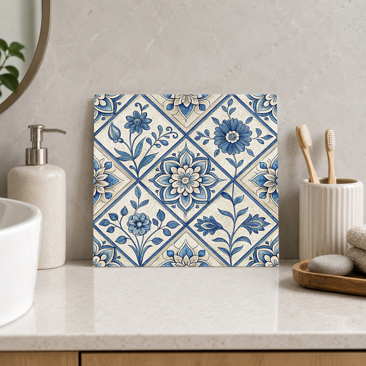 Blue Botanical Diamond Patchwork Tile displayed in the bathroom tile mock-up