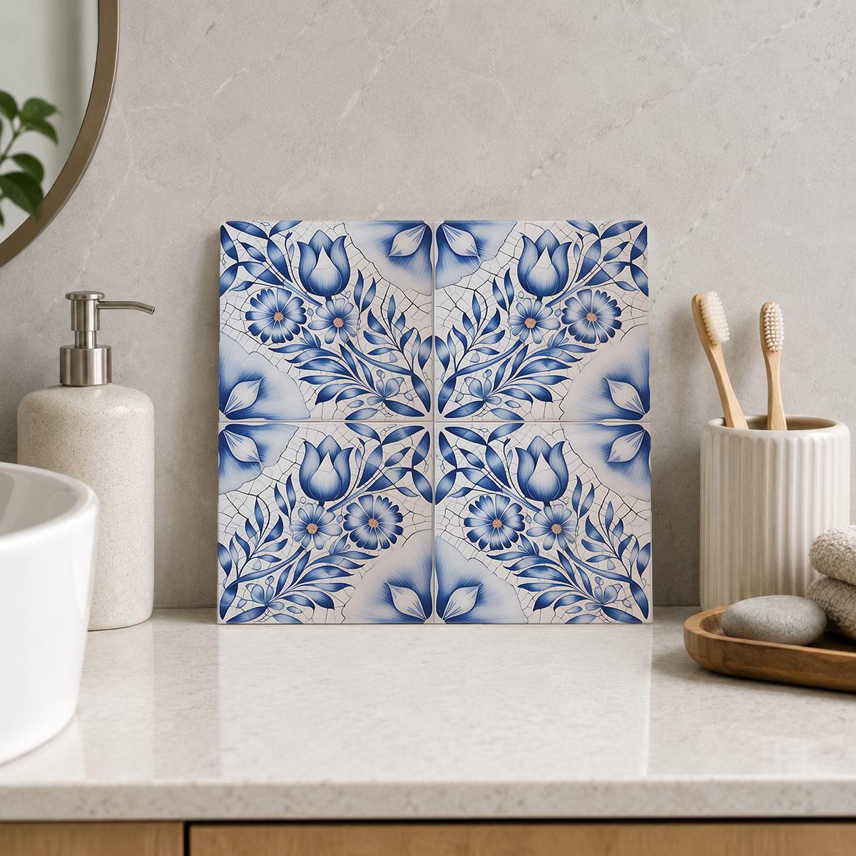 Blue Botanical Pinwheel Tile displayed in the bathroom tile mock-up