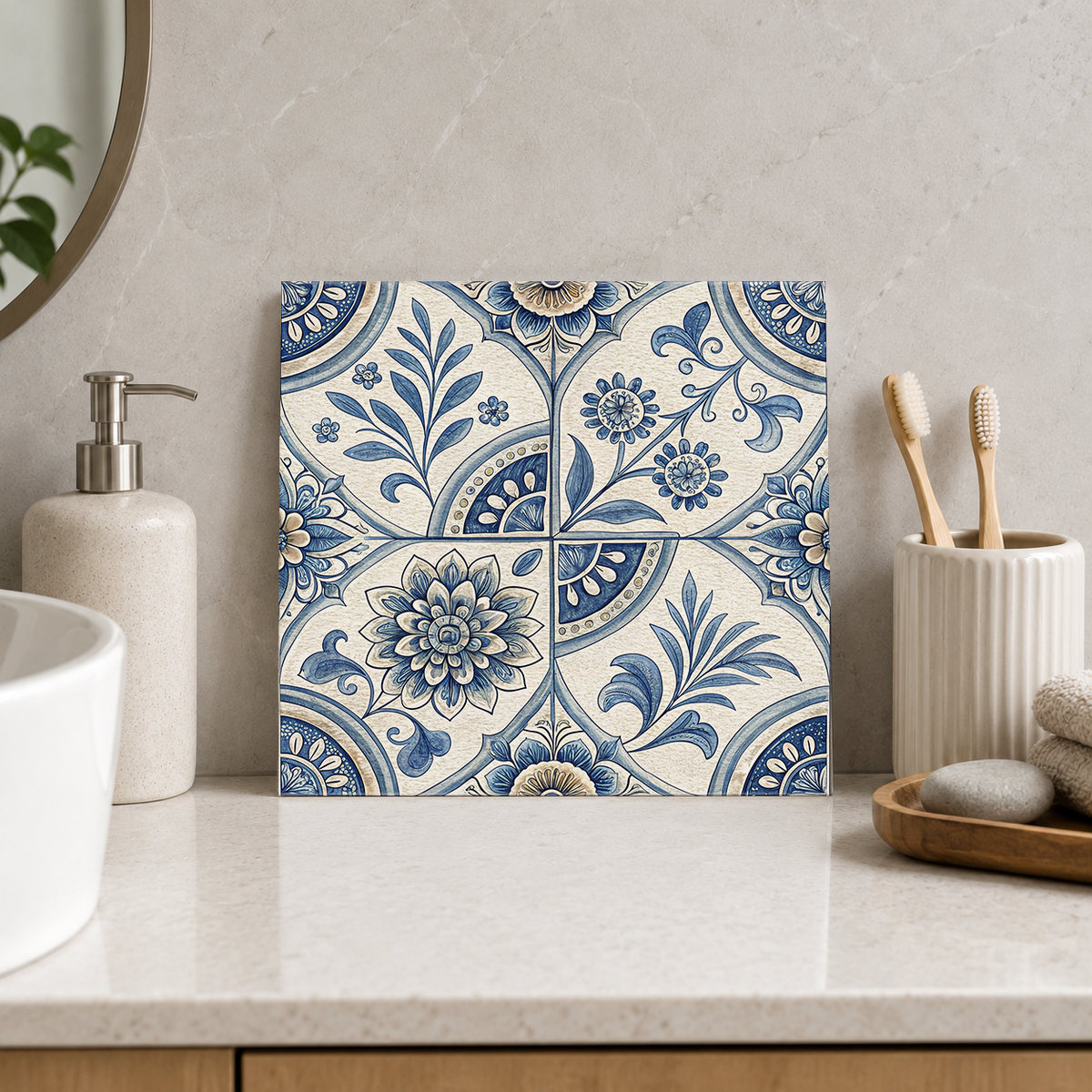 Blue Botanical Quarter Circles Tile displayed in the bathroom tile mock-up