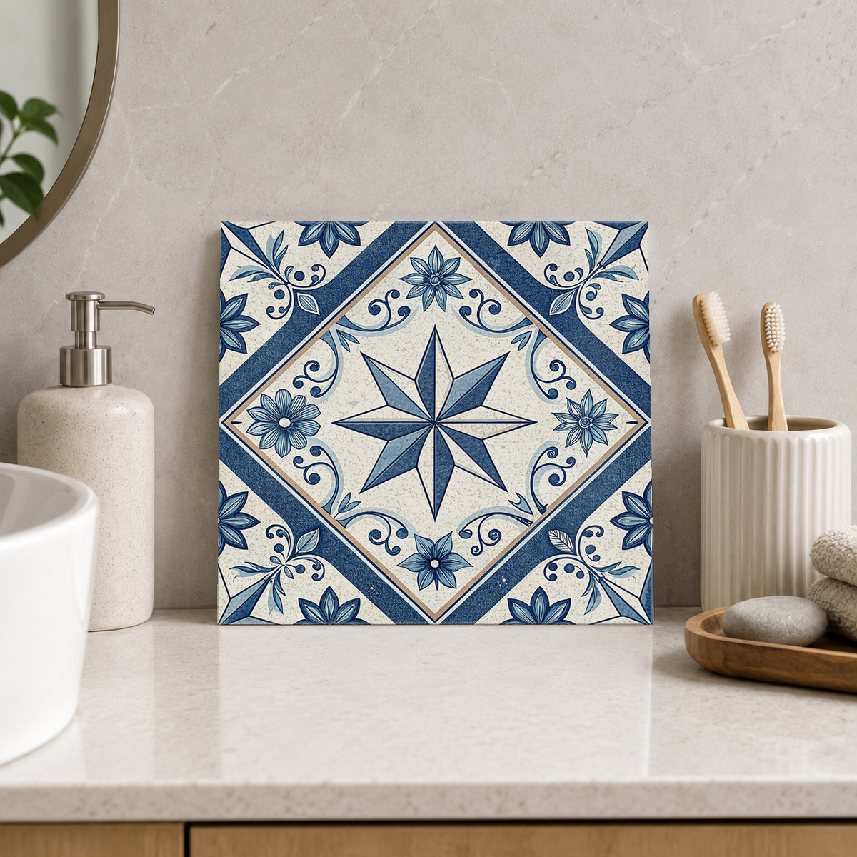 Blue Compass and Curling Vines Tile displayed in the bathroom tile mock-up