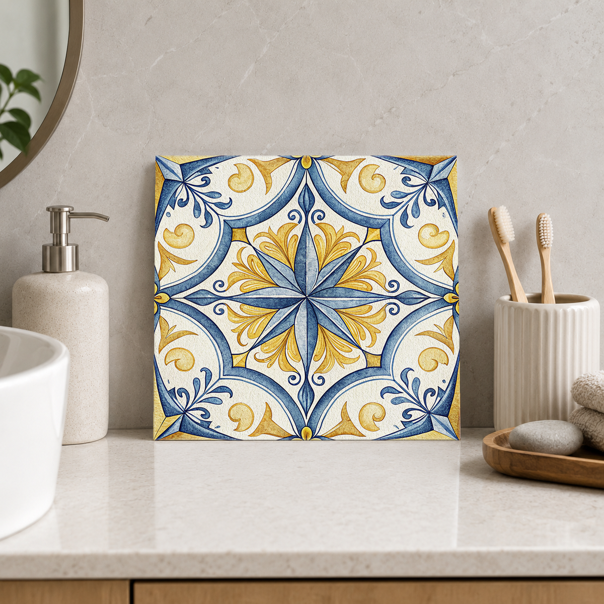 Blue Compass and Golden Scrolls Tile displayed in the bathroom tile mock-up