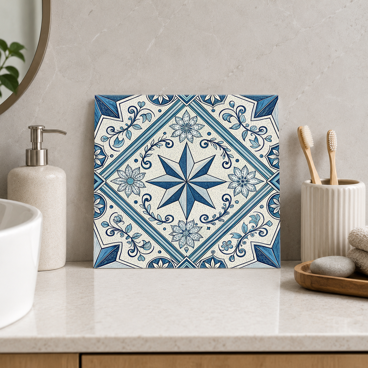 Blue Compass Star and Floral Border Tile displayed in the bathroom tile mock-up