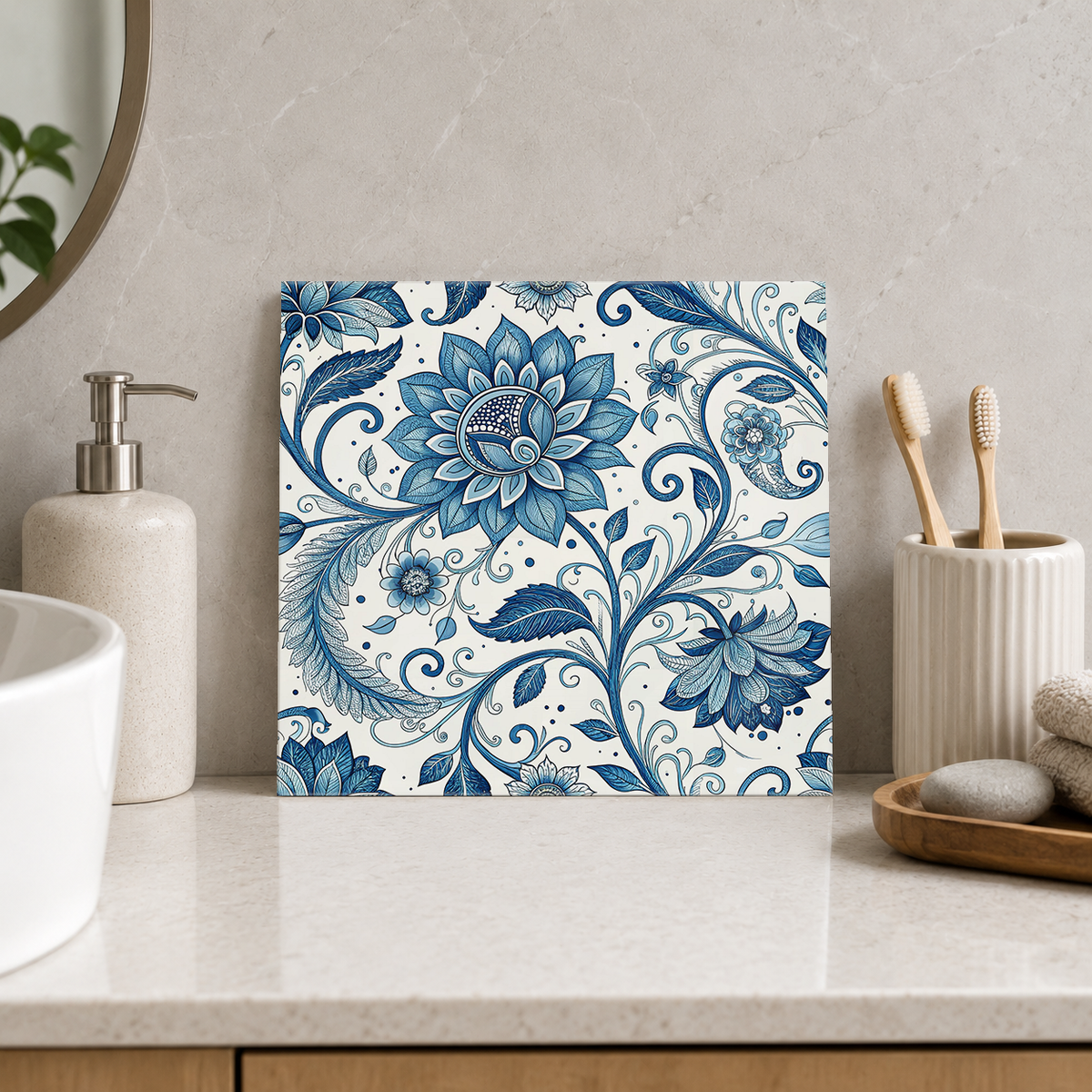 Blue Dahlia and Fine Scrolls Tile displayed in the bathroom tile mock-up