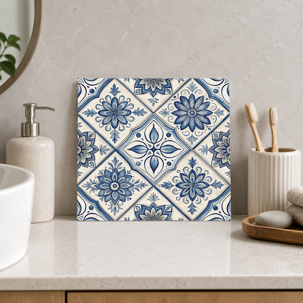 Blue Daisy and Four Petal Diamonds Tile displayed in the bathroom tile mock-up