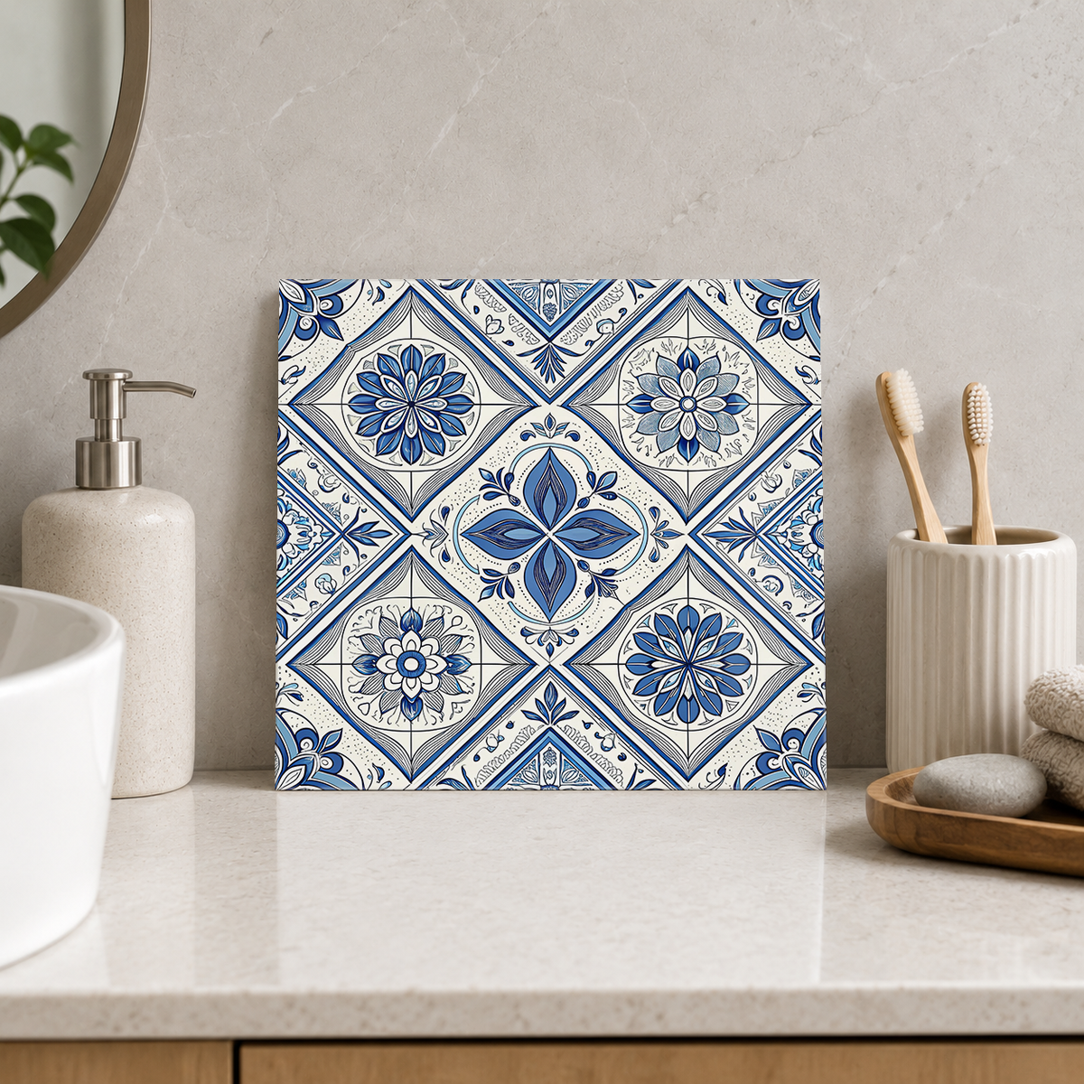 Blue Daisy and Petal Cross Diamonds Tile displayed in the bathroom tile mock-up