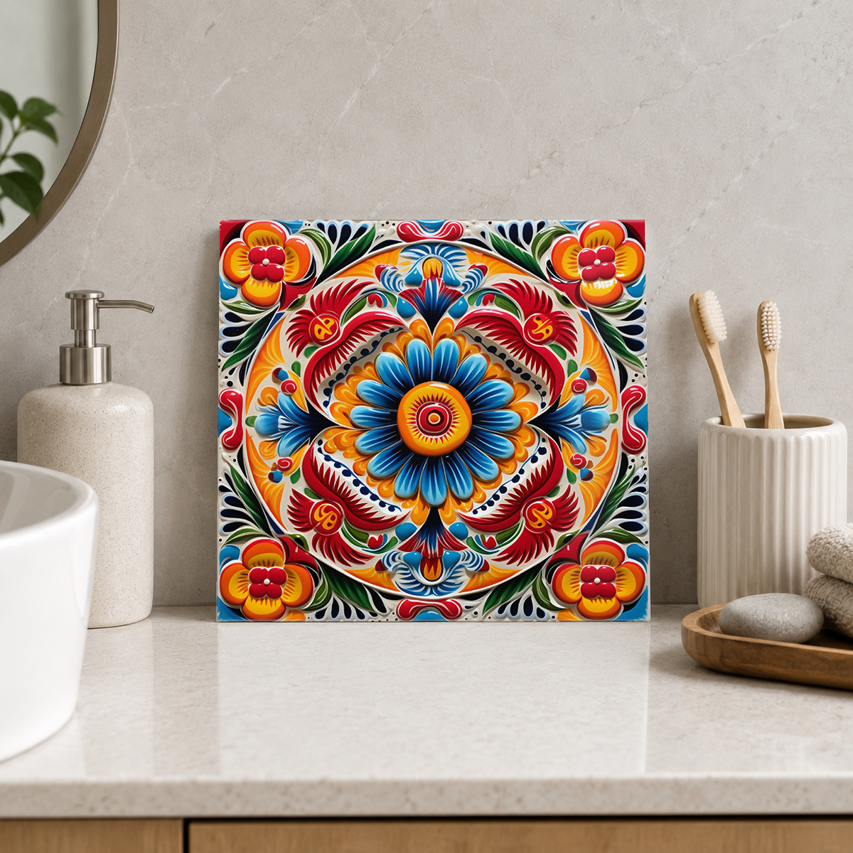 Blue Daisy and Red Feather Wreath Tile displayed in the bathroom tile mock-up