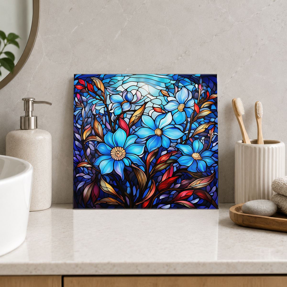 Blue Daisy Bouquet in Jewel Glass Tile displayed in the bathroom tile mock-up