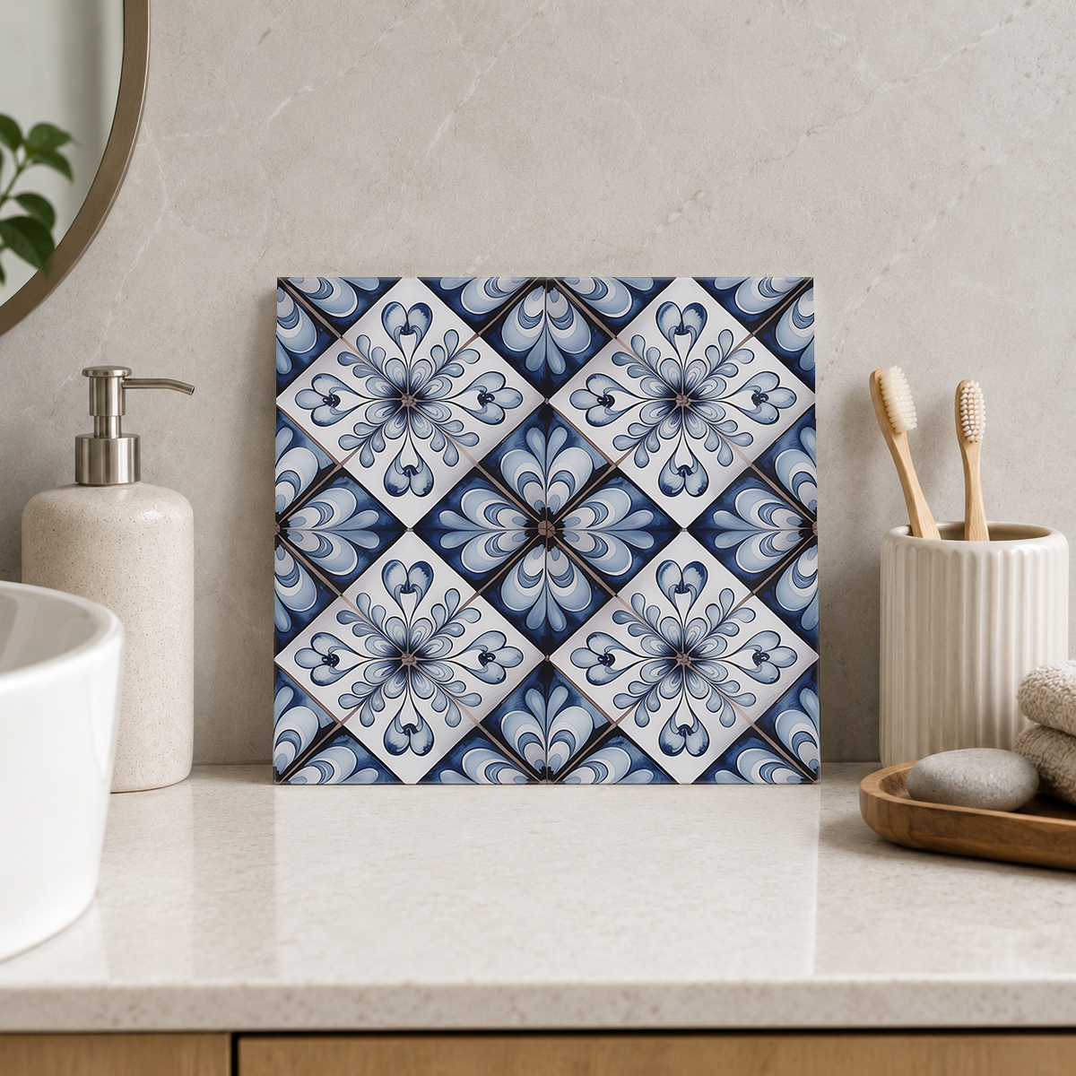 Blue Daisy Diamond Lattice Tile displayed in the bathroom tile mock-up