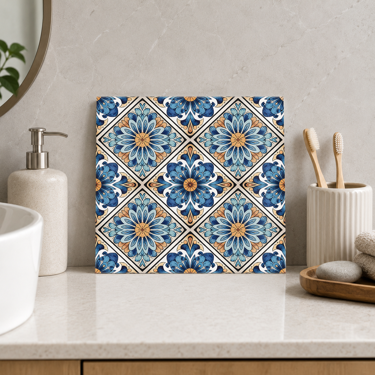 Blue Daisy Diamond Mosaic Tile displayed in the bathroom tile mock-up
