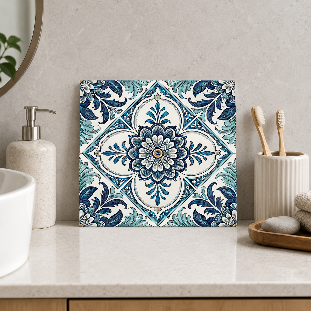 Blue Daisy in Petal Medallion Tile displayed in the bathroom tile mock-up