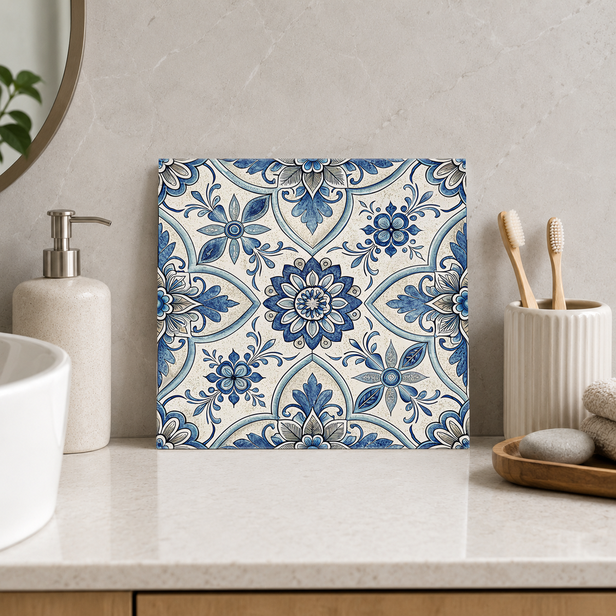 Blue Daisy Scrollwork Tile displayed in the bathroom tile mock-up