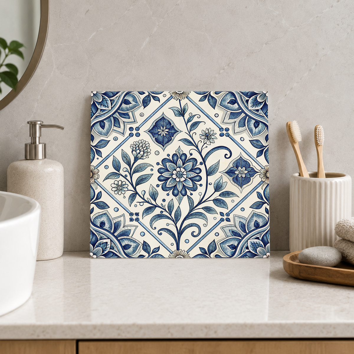 Blue Daisy Vine Medallion Tile displayed in the bathroom tile mock-up