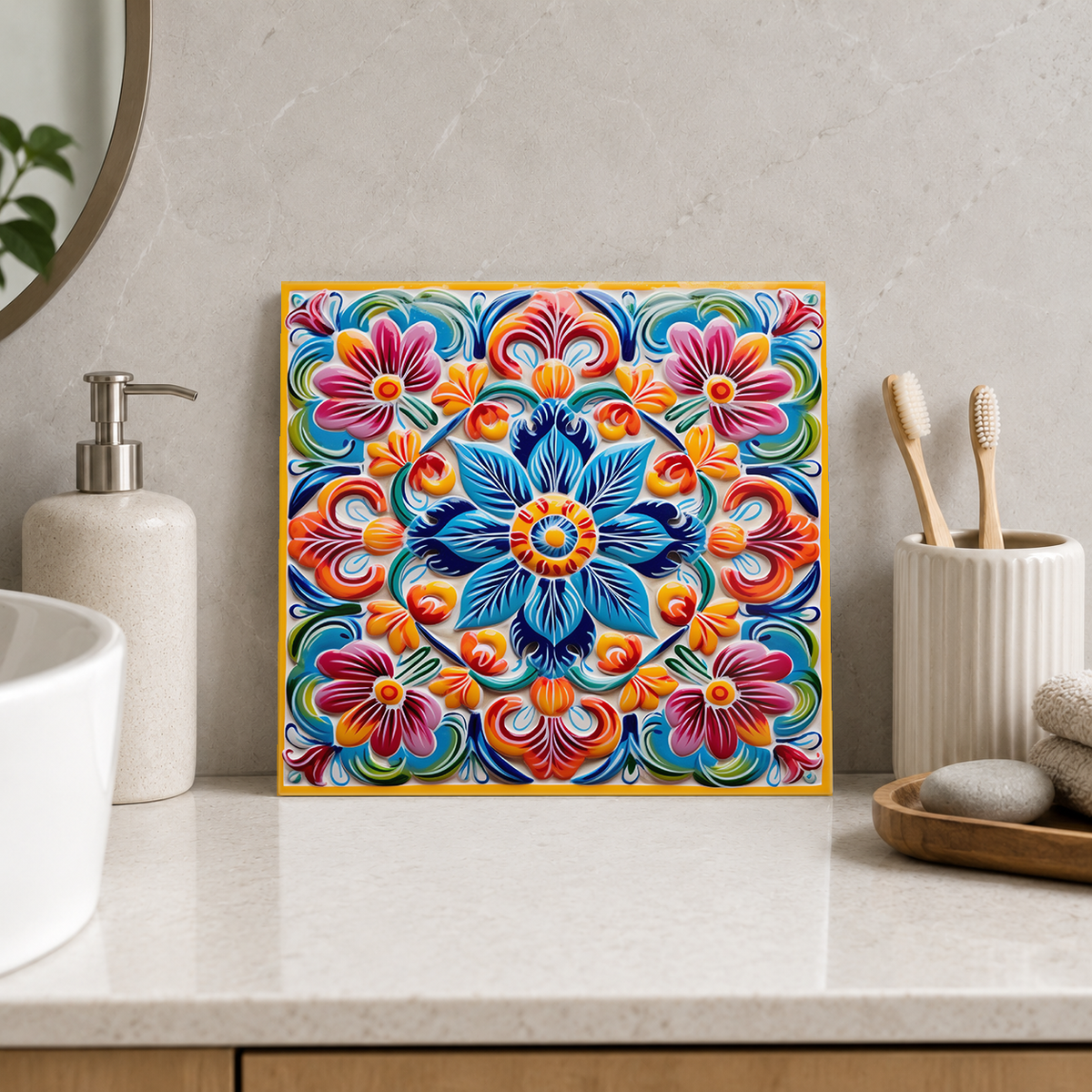 Blue Daisy with Pink Corner Blossoms Tile displayed in the bathroom tile mock-up