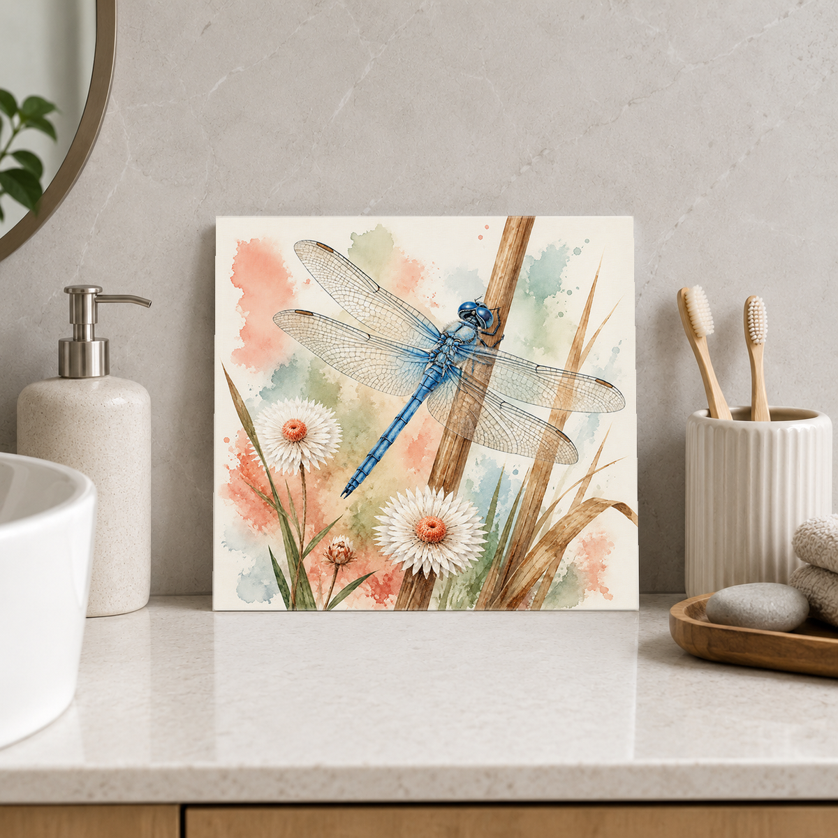 Blue Dragonfly ceramic decorative tile in Pop Color, shown in a room mockup