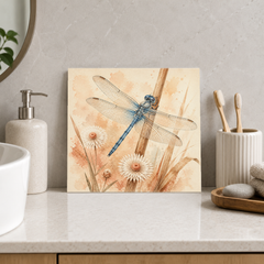 Blue Dragonfly ceramic decorative tile in Warm Country, shown in a room mockup