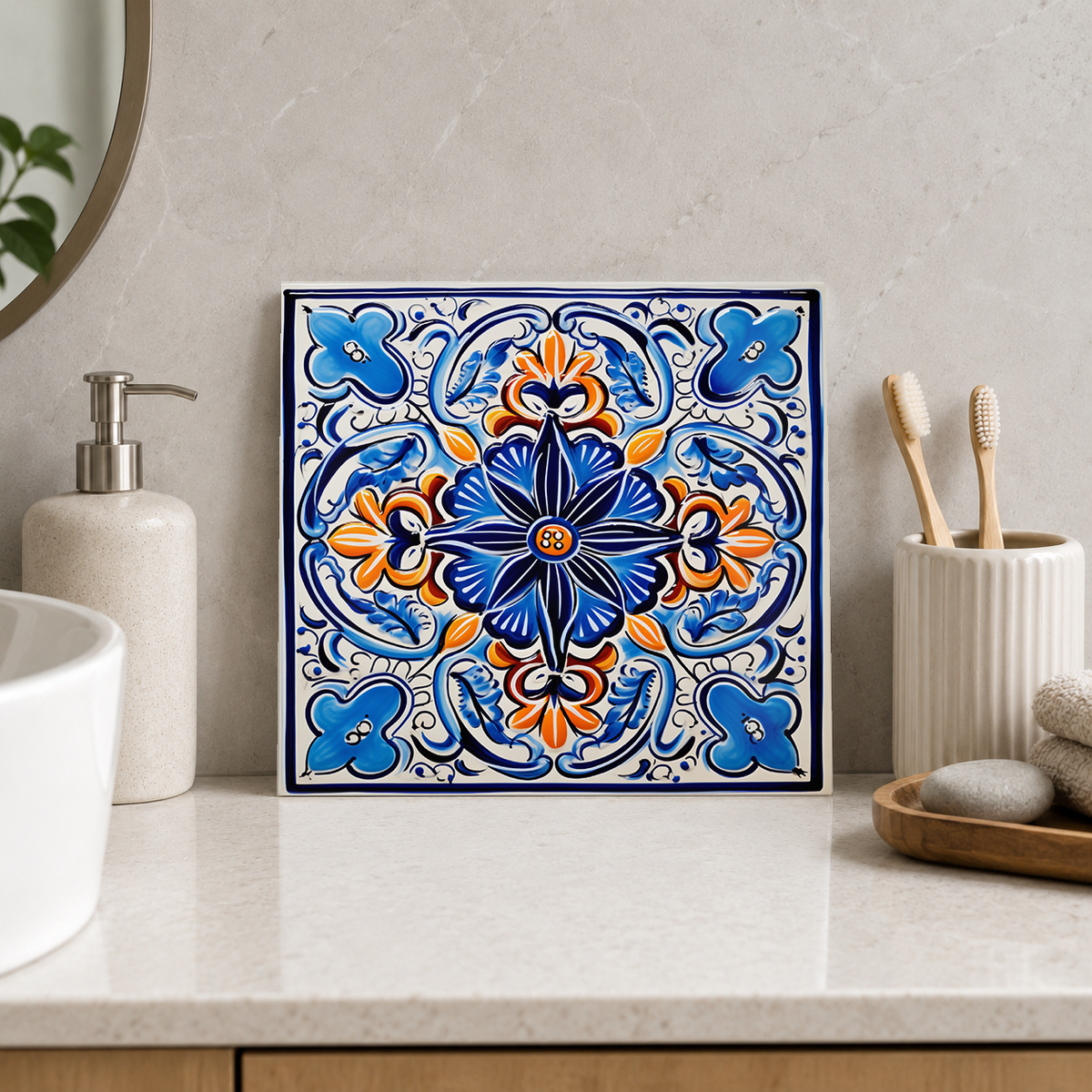 Blue Floral Cross with Orange Accents Tile displayed in the bathroom tile mock-up
