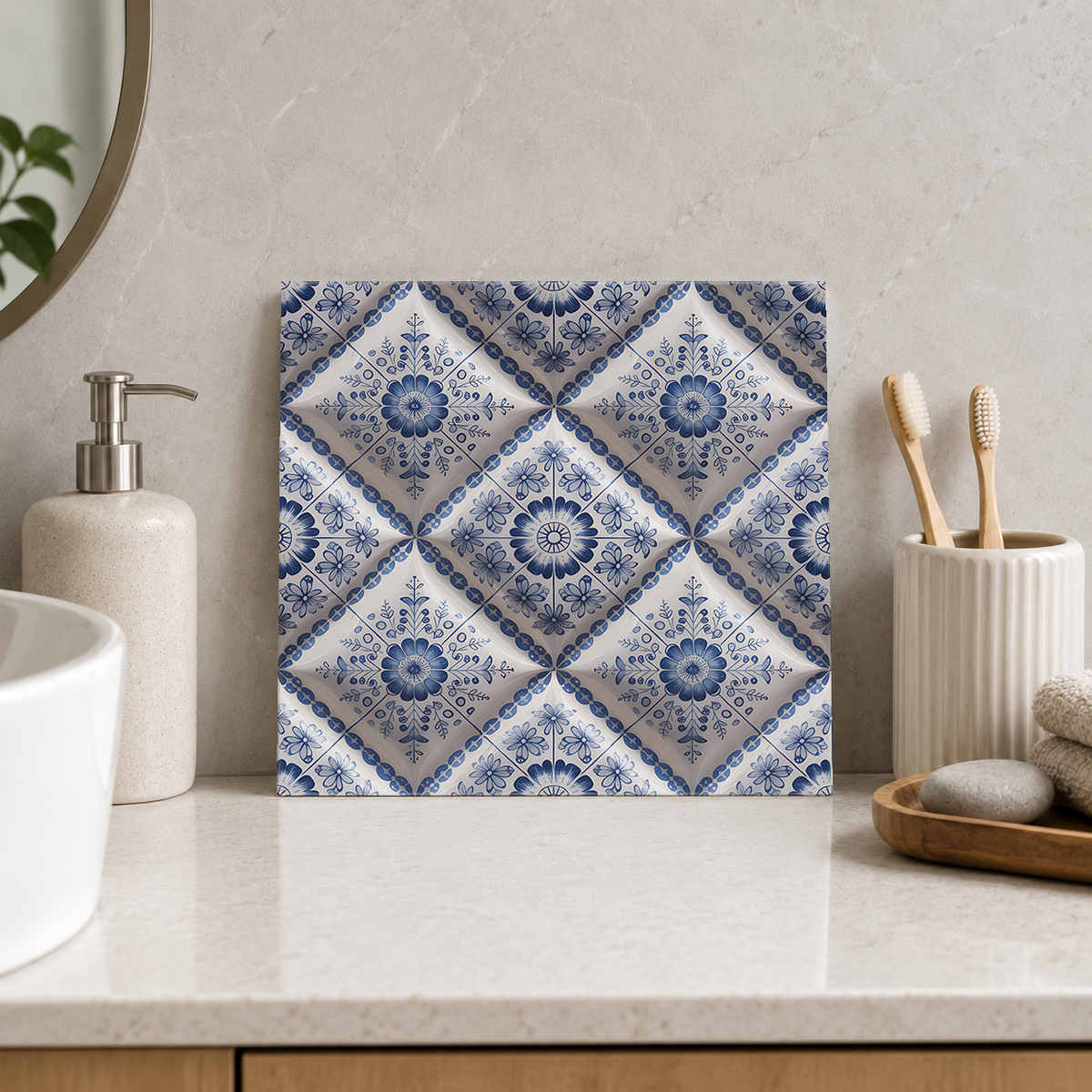Blue Floral Diamond Patchwork Tile displayed in the bathroom tile mock-up