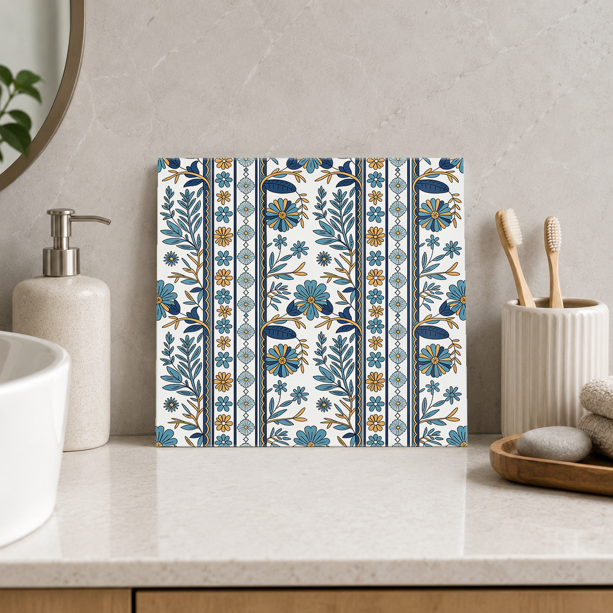 Blue Floral Garden Stripes Tile displayed in the bathroom tile mock-up