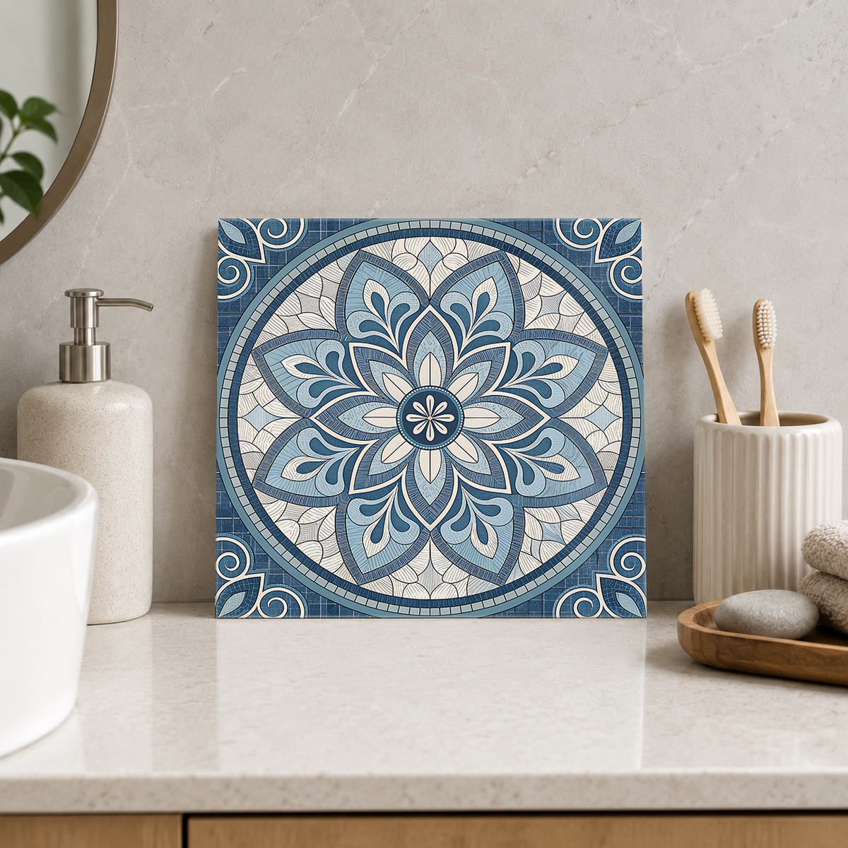 Blue Floral Mosaic Medallion Tile displayed in the bathroom tile mock-up