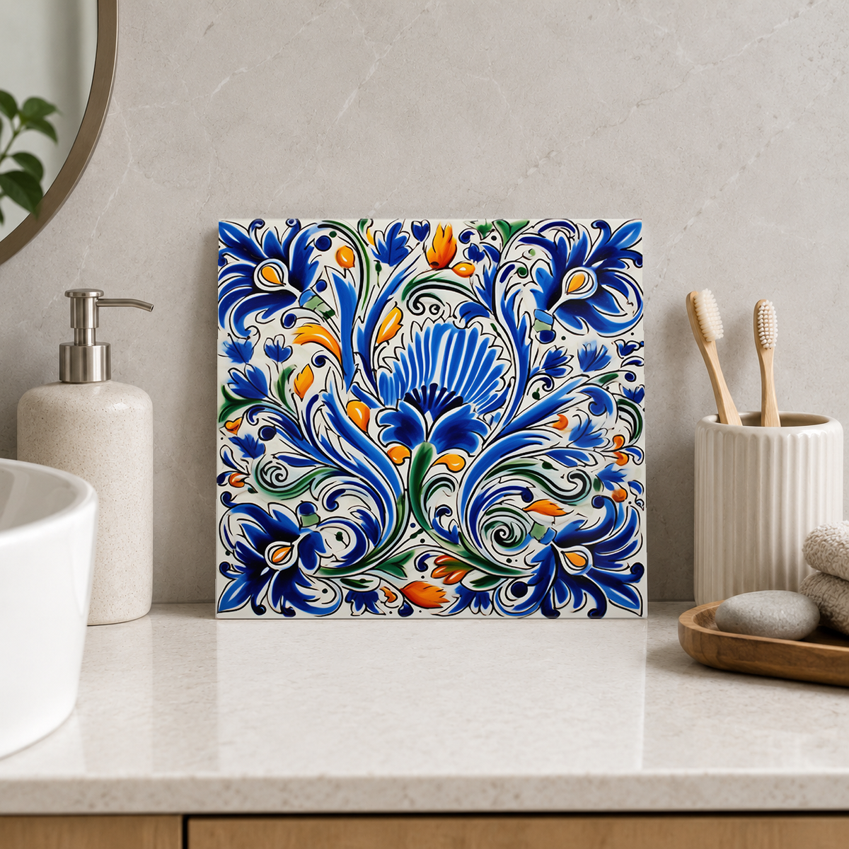 Blue Floral Plume Scrollwork Tile displayed in the bathroom tile mock-up