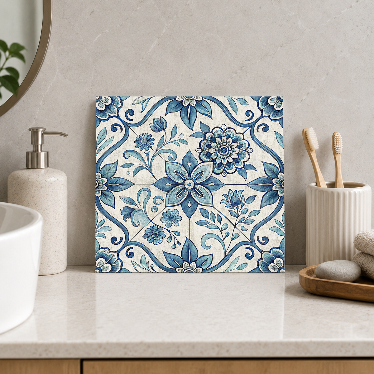 Blue Floral Scrolling Vines Tile displayed in the bathroom tile mock-up