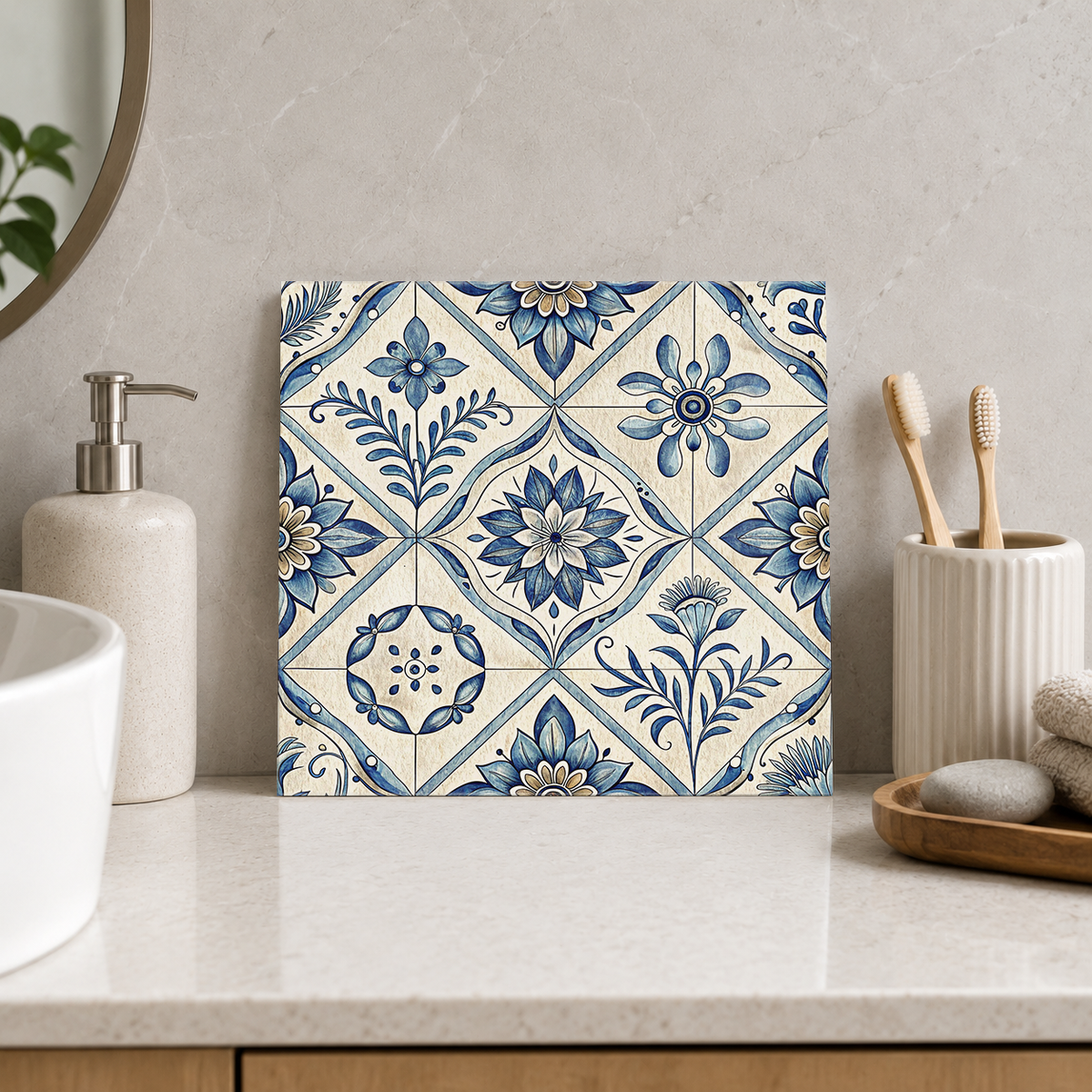 Blue Floral Sprig Diamonds Tile displayed in the bathroom tile mock-up