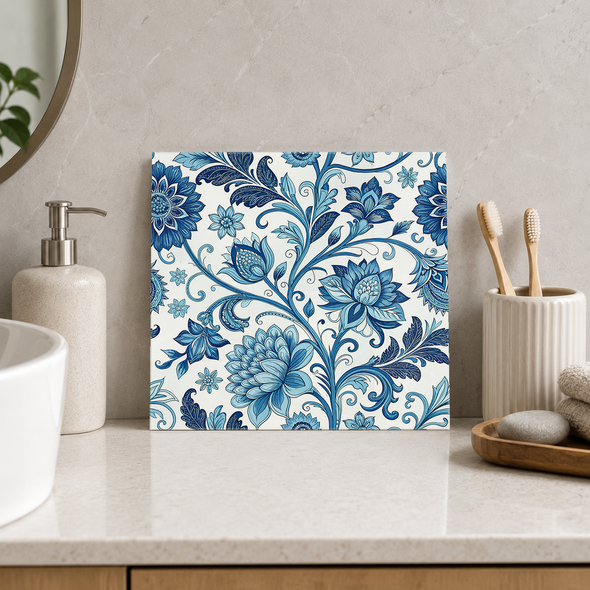 Blue Garden Bouquet Vines Tile displayed in the bathroom tile mock-up