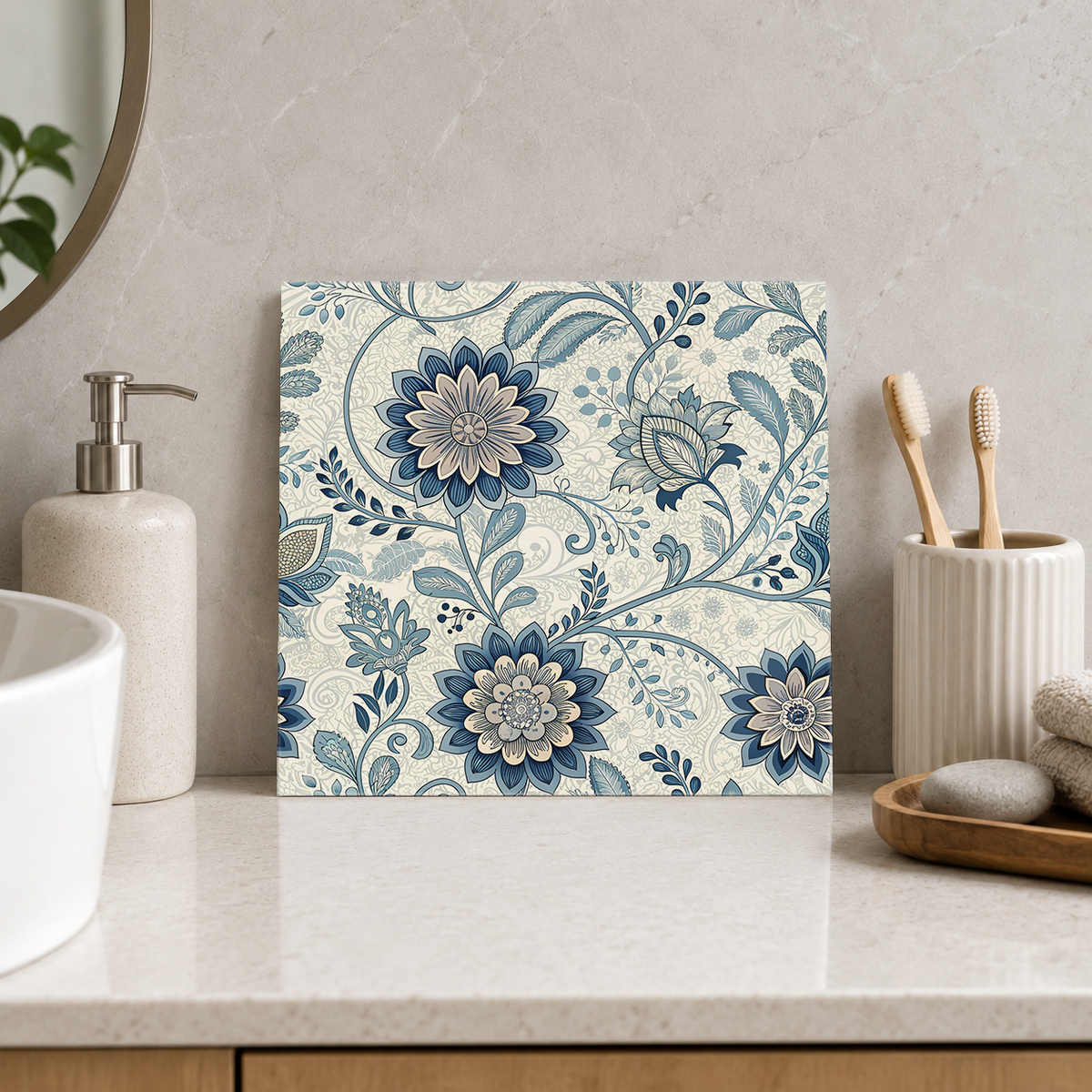 Blue Garden Scroll on Cream Tile displayed in the bathroom tile mock-up