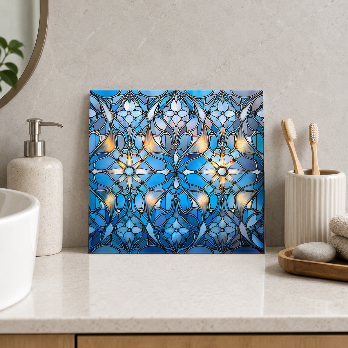 Blue Gothic Floral Lattice Tile displayed in the bathroom tile mock-up