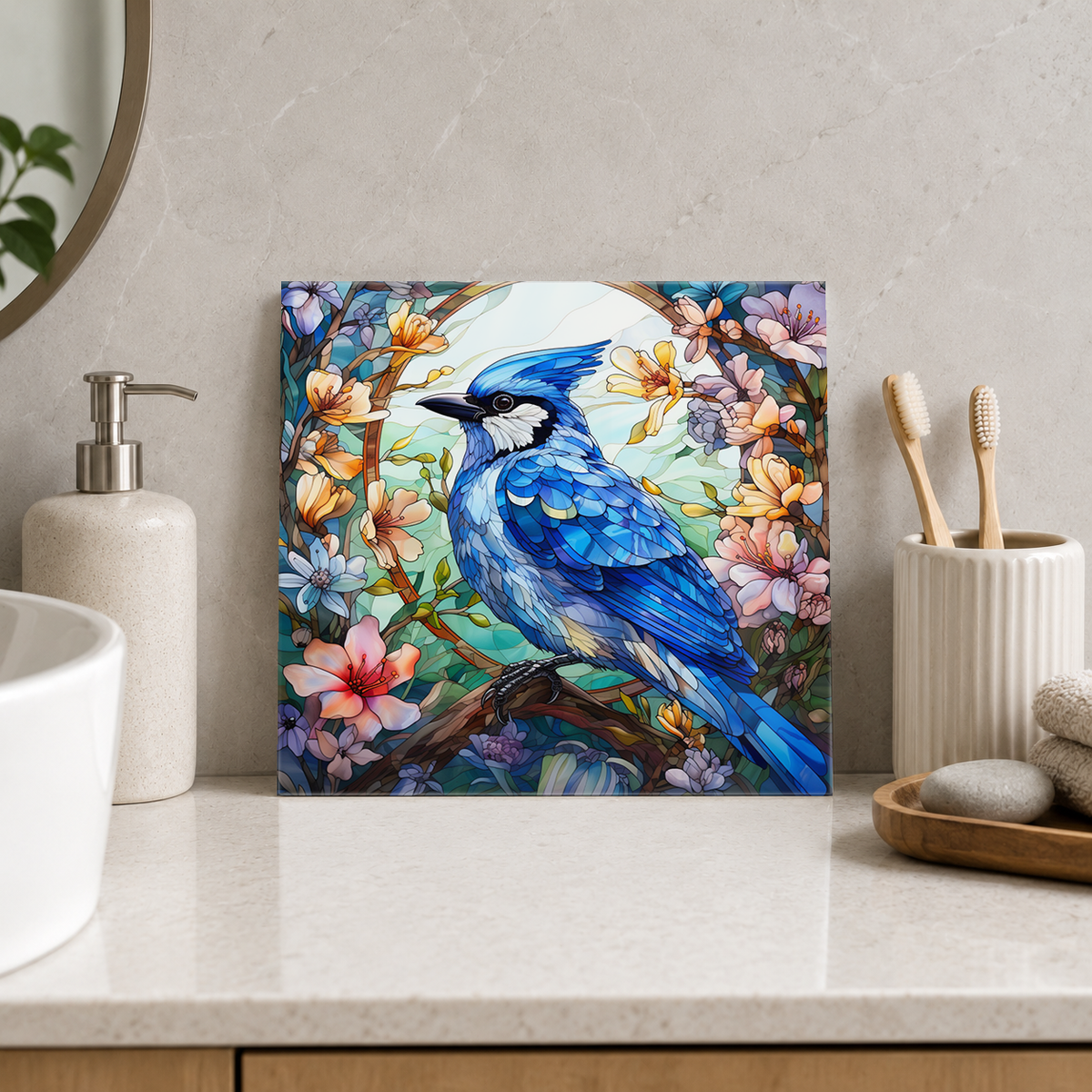 Blue Jay among Orange and Pink Flowers Tile displayed in the bathroom tile mock-up