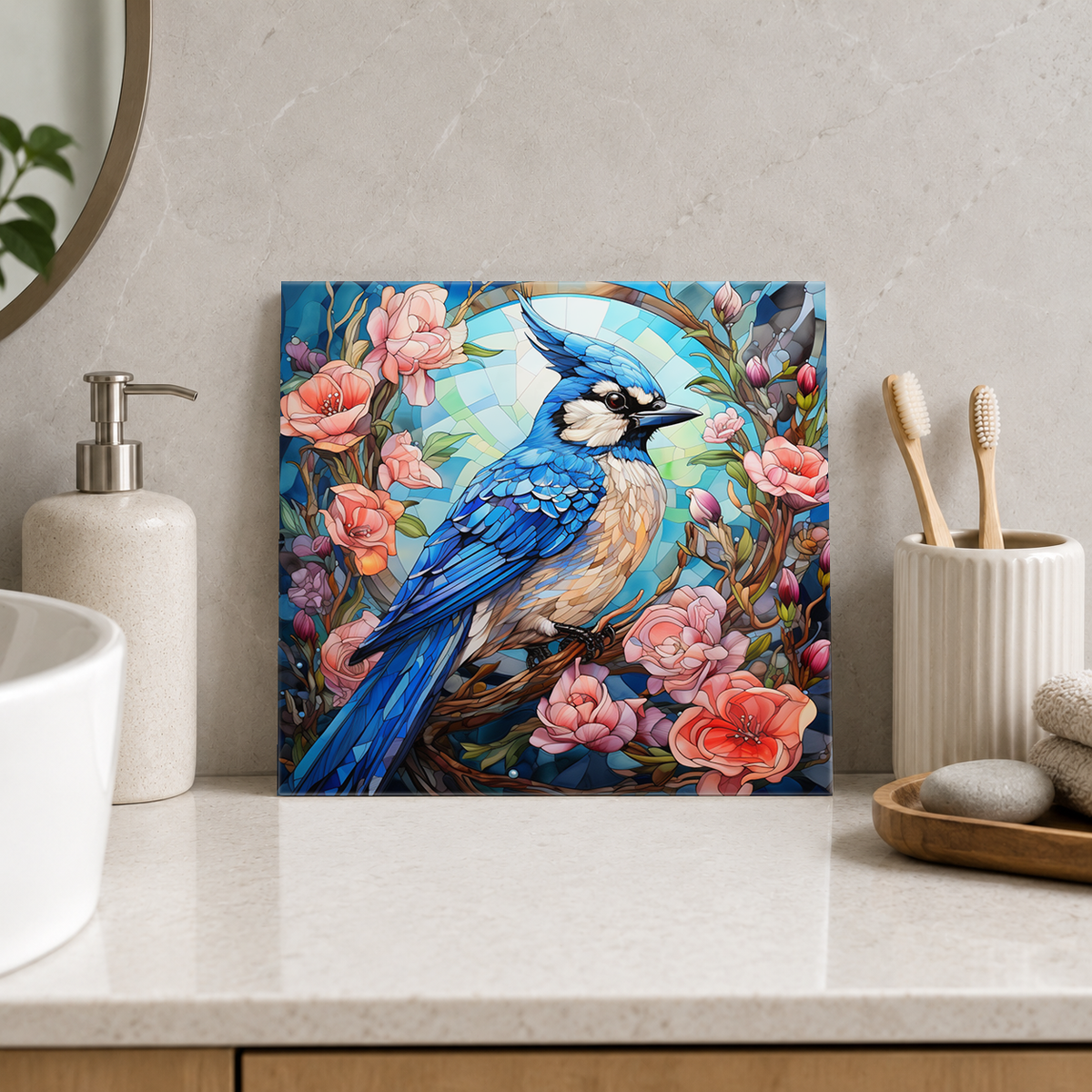 Blue Jay among Pink Blossoms Tile displayed in the bathroom tile mock-up