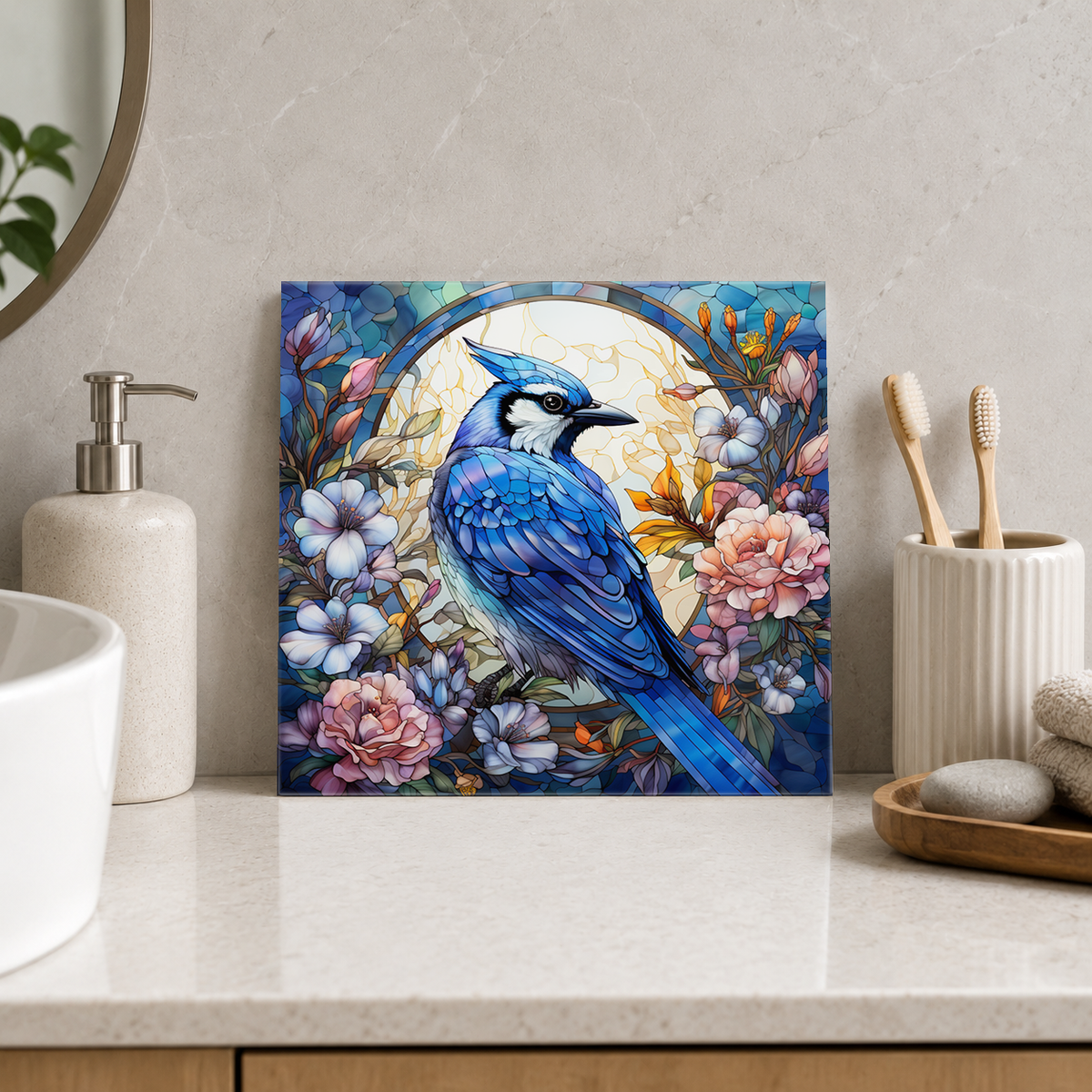 Blue Jay in Pastel Flower Arch Tile displayed in the bathroom tile mock-up