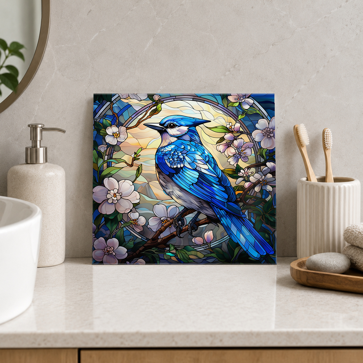 Blue Jay in White Blossom Circle Tile displayed in the bathroom tile mock-up