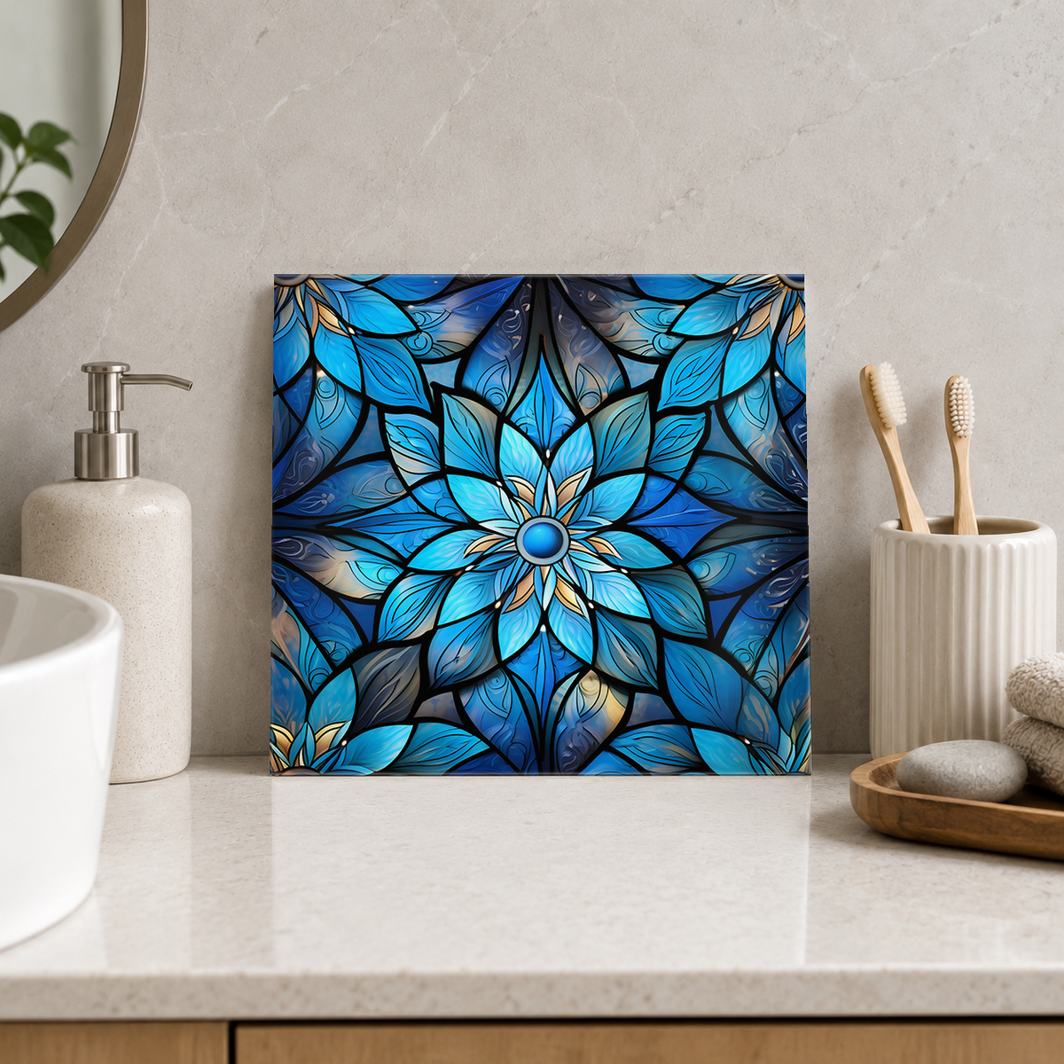 Blue Jewel Flower Tile displayed in the bathroom tile mock-up