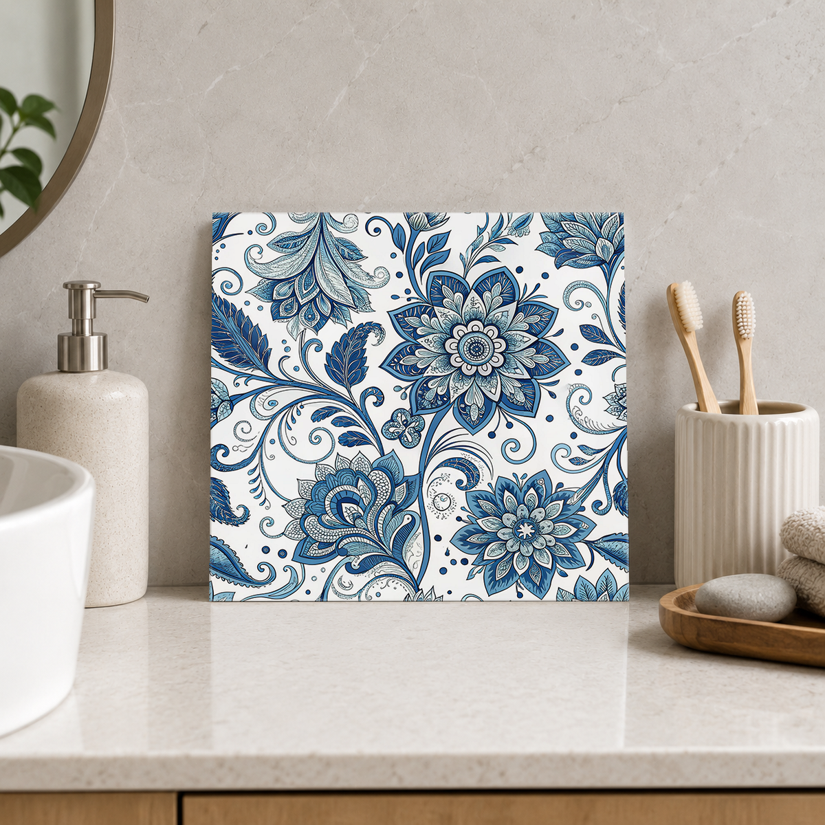 Blue Layered Blossoms and Buds Tile displayed in the bathroom tile mock-up