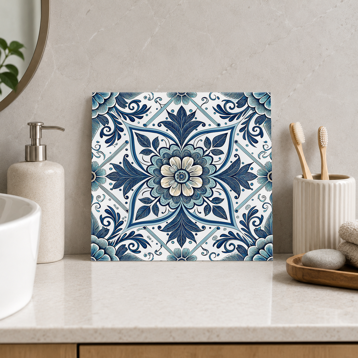 Blue Layered Flower and Leaf Star Tile displayed in the bathroom tile mock-up