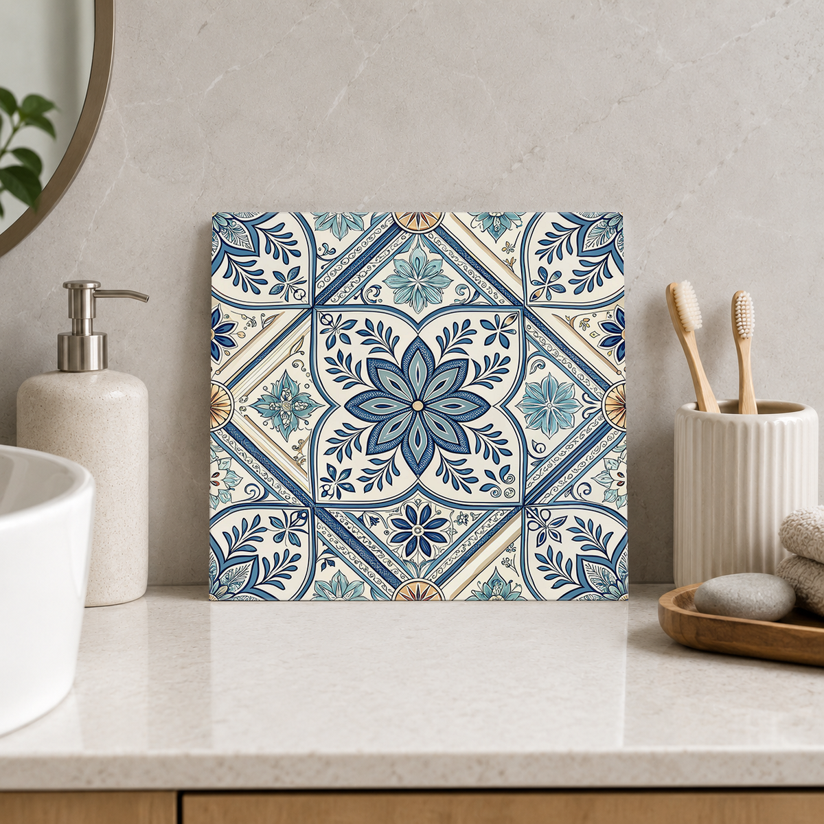 Blue Leaf Star Medallion Tile displayed in the bathroom tile mock-up