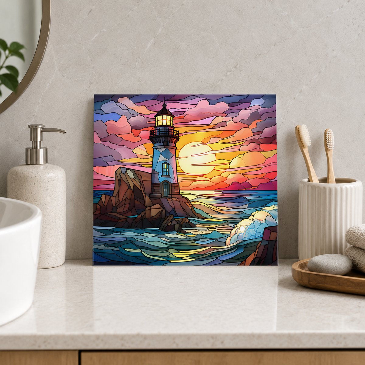 Blue Lighthouse at Fiery Sunset Tile displayed in the bathroom tile mock-up
