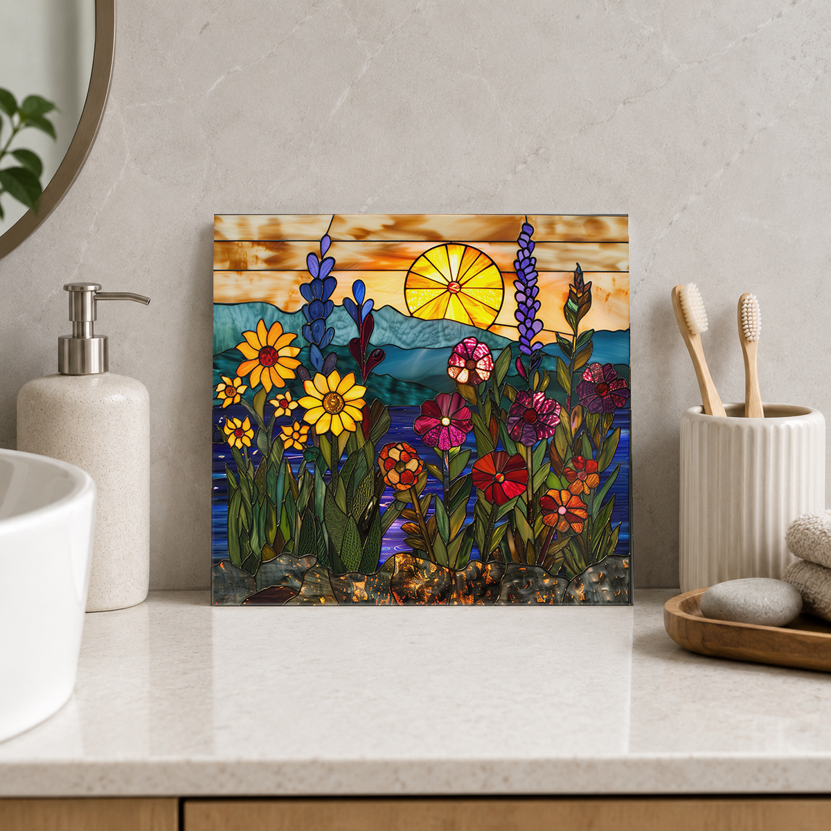 Blue Lupins and Daisies at Sunset Tile displayed in the bathroom tile mock-up
