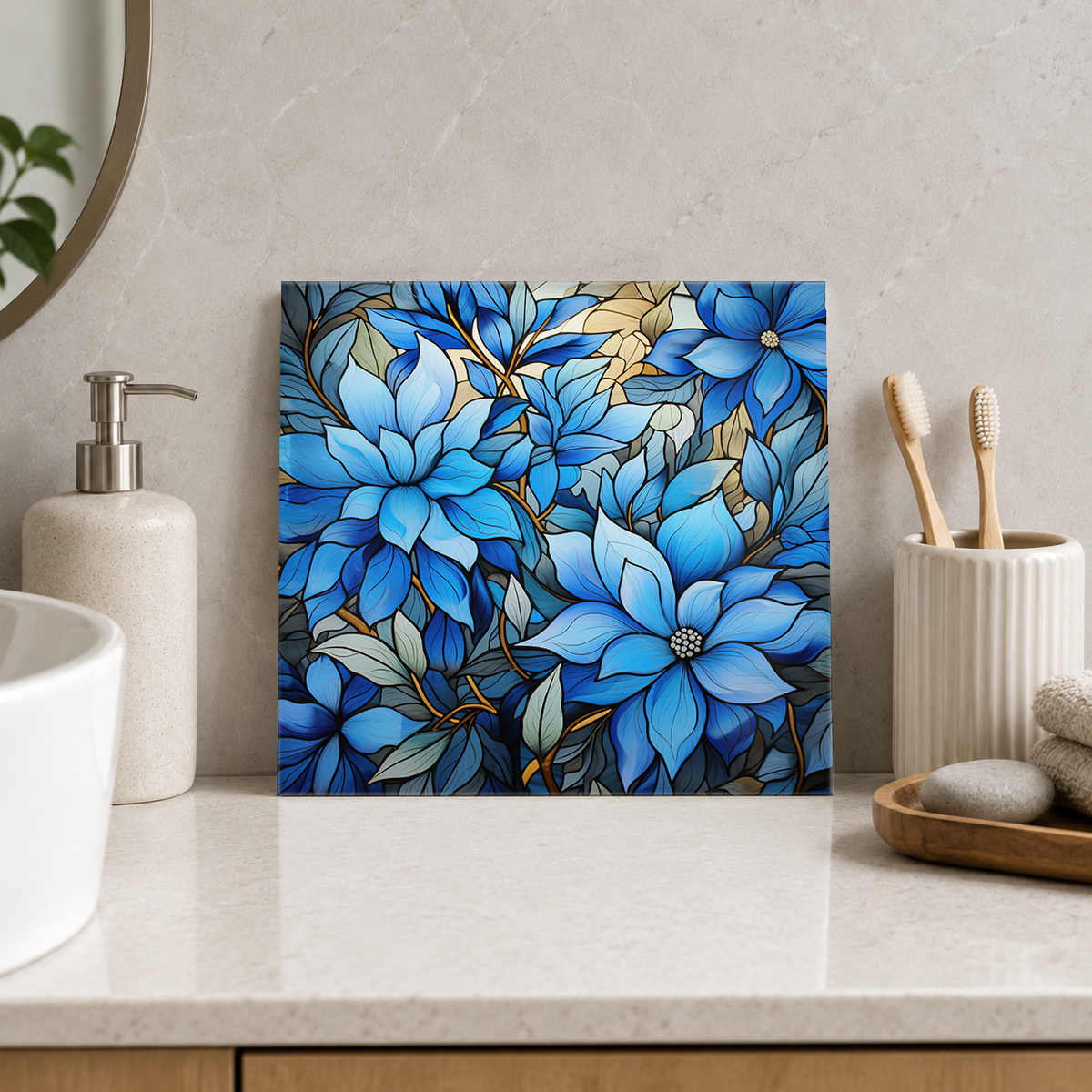 Blue Magnolia Bouquet Tile displayed in the bathroom tile mock-up