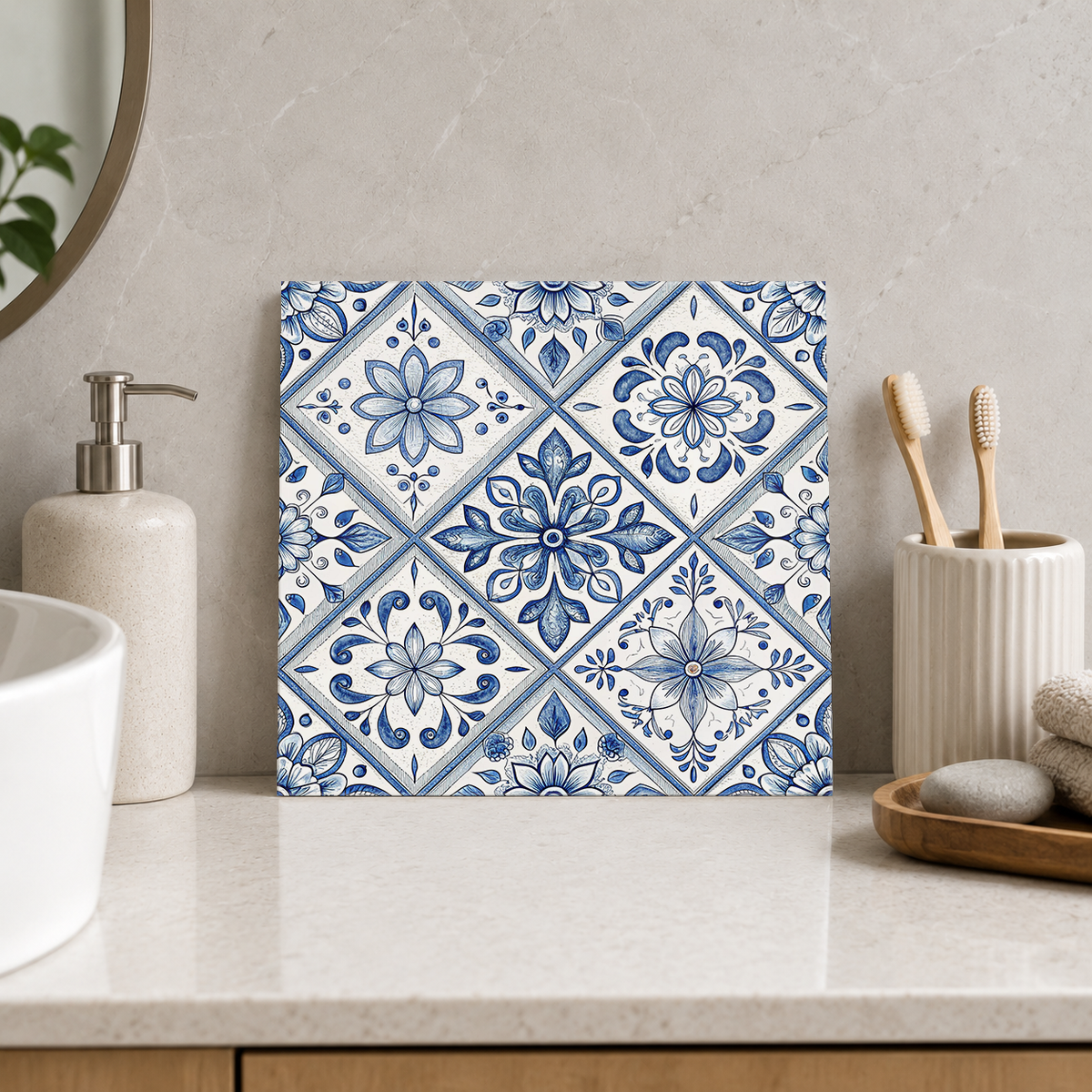 Blue Mixed Blossom Diamonds Tile displayed in the bathroom tile mock-up
