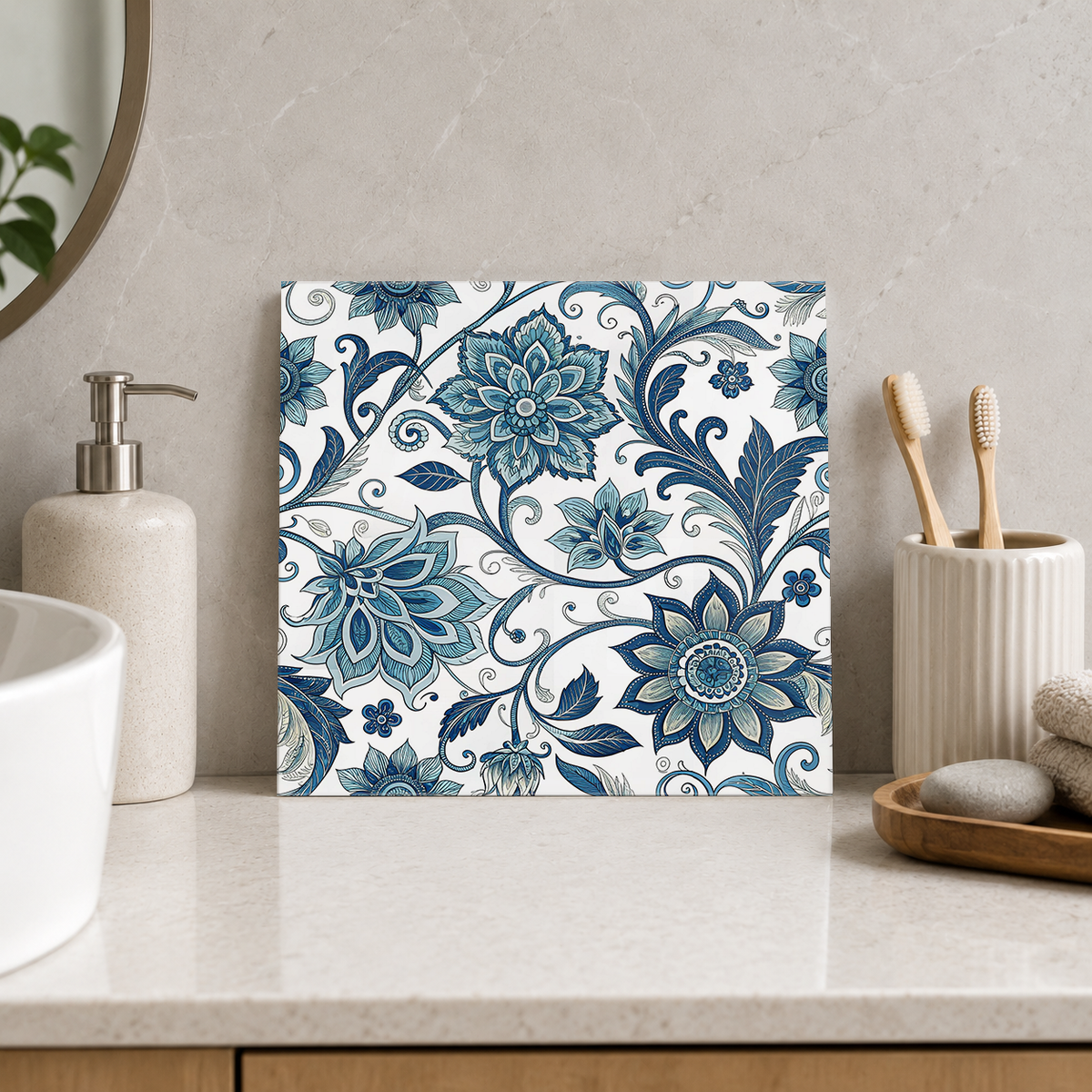 Blue Mixed Flowers and Acanthus Tile displayed in the bathroom tile mock-up