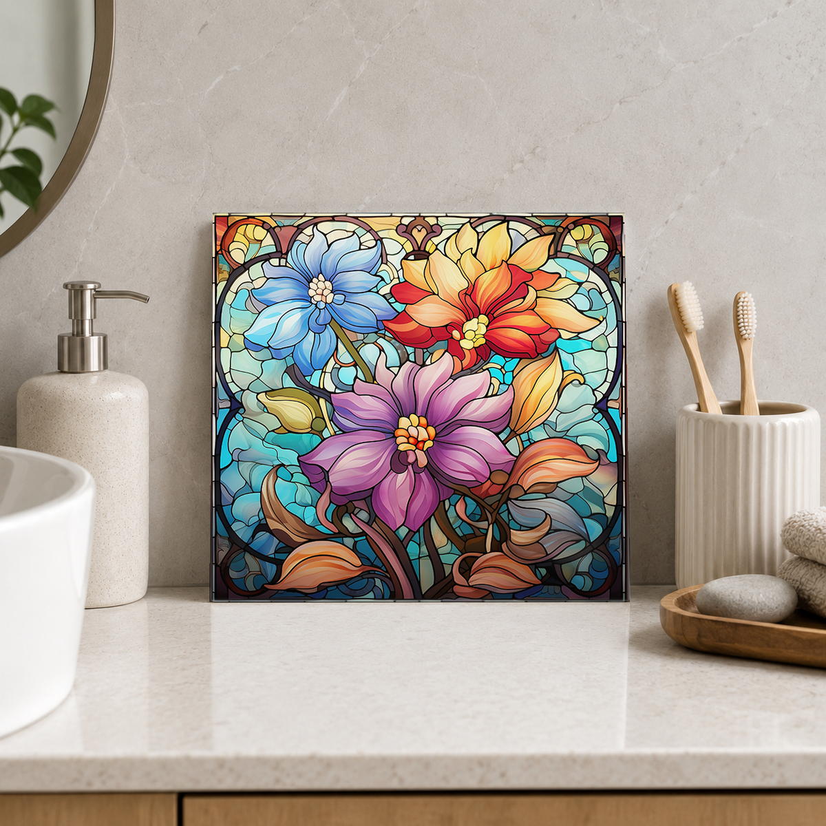 Blue Orange and Purple Flower Bouquet Tile displayed in the bathroom tile mock-up