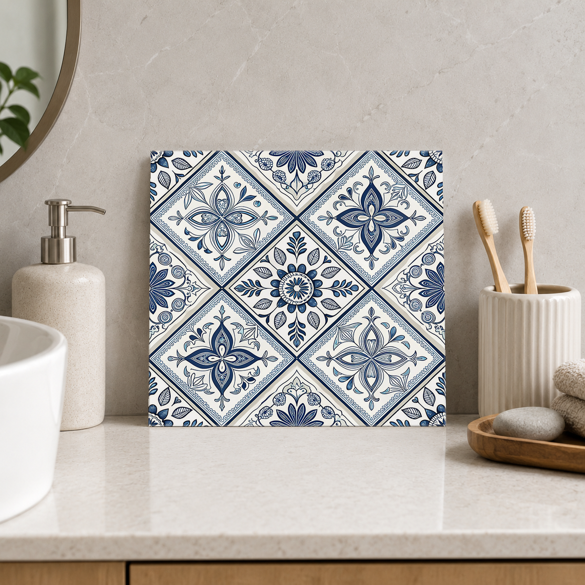 Blue Ornamental Cross Diamonds Tile displayed in the bathroom tile mock-up
